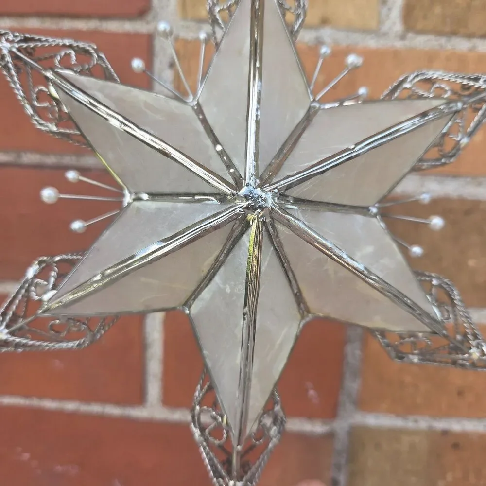 Vintage Capiz Shell Star Christmas Tree Topper Silver Filigree Pearl 11